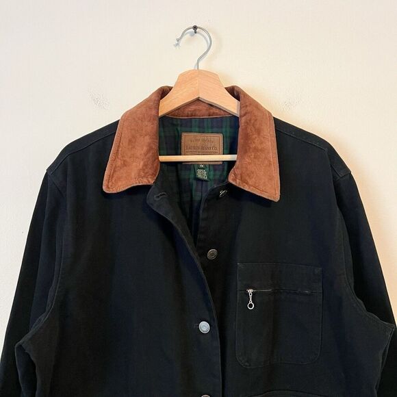 VINTAGE Lauren Jeans Co. Black Barn Chore Coat Jacket Plus Size 1X Suede Collar - Picture 3 of 10